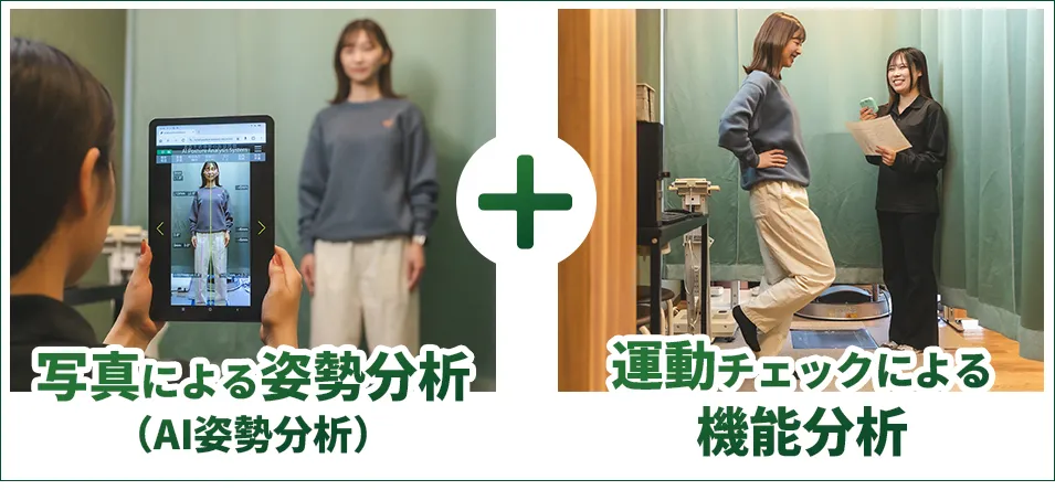 写真による姿勢分析＋運動チェックによる機能分析