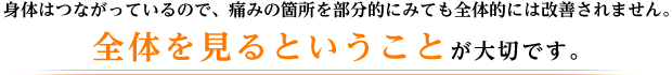 身体はつながっているので、痛みの箇所を部分的にみても全体的には改善されません。全体を見るということが大切です。