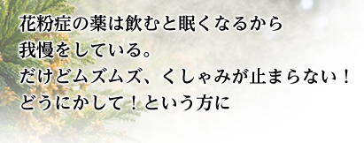 花粉症の薬は飲むと眠くなるから我慢をしている。  だけどムズムズ、くしゃみが止まらない！ どうにかして！という方に